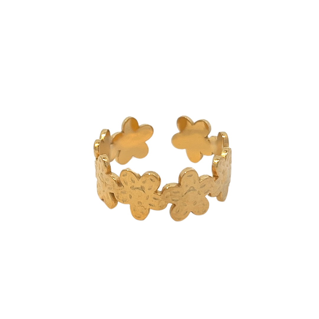 Adjustable flower gold plated steel ring