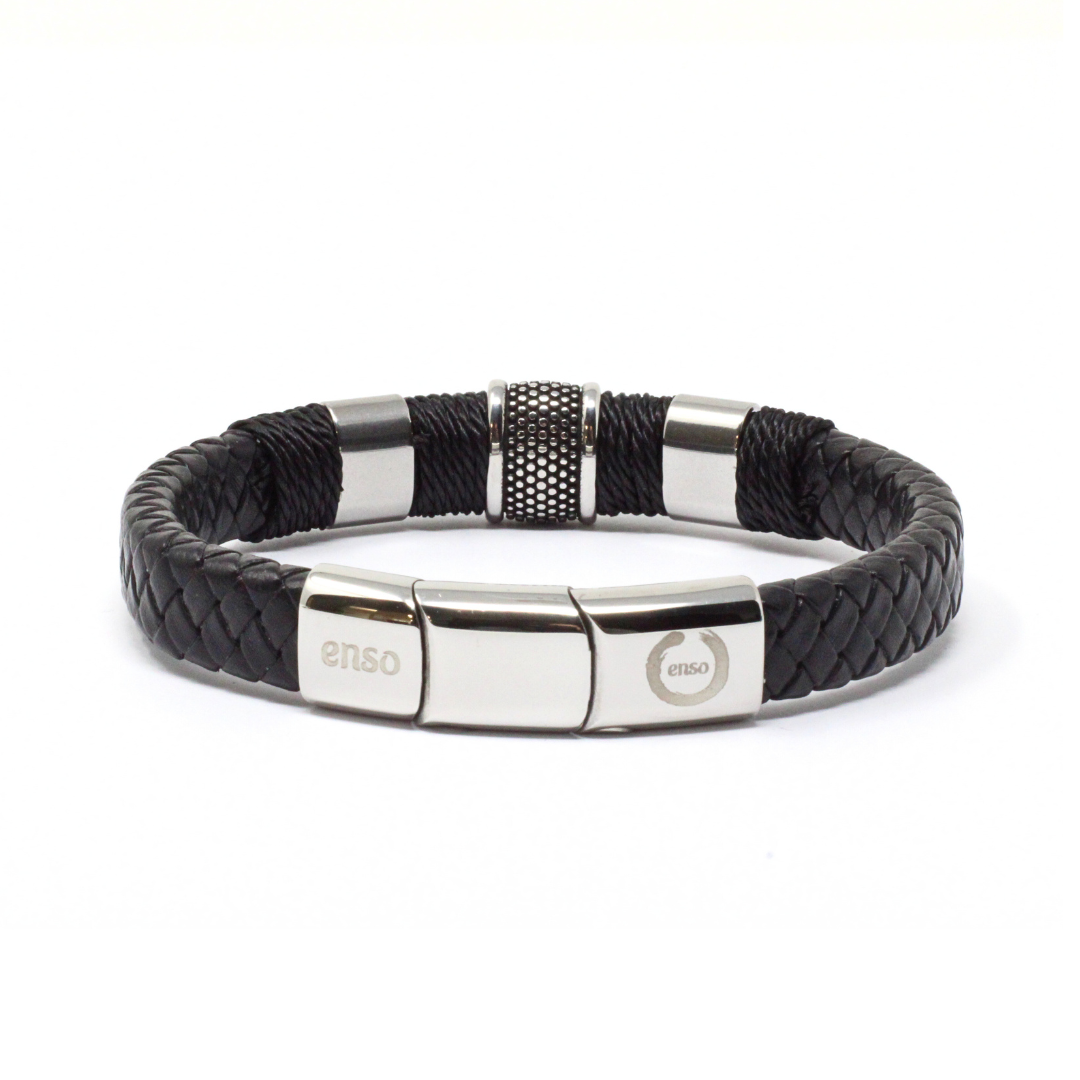 Double black leather and 316l steel bracelet