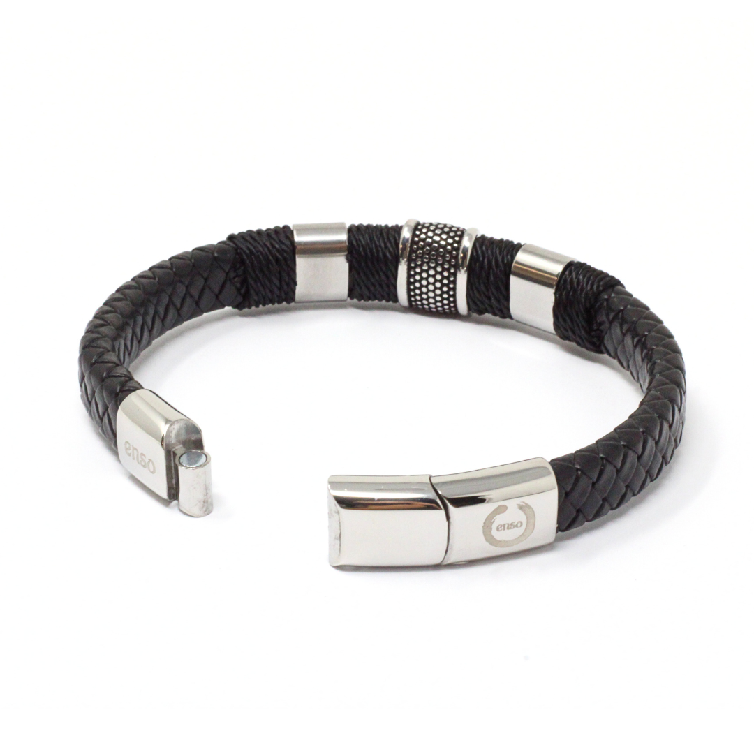 Double black leather and 316l steel bracelet