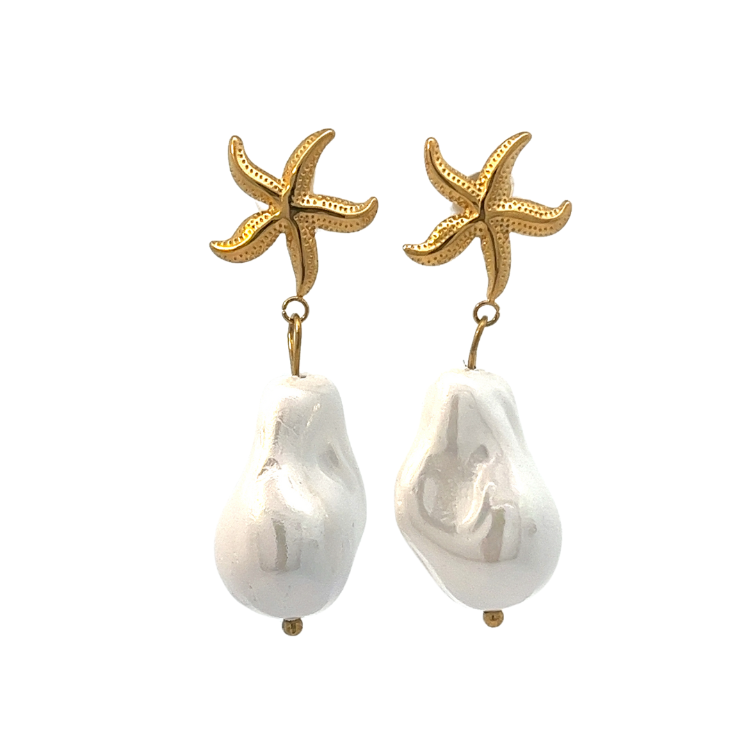 Gold plated steel pearl star earrings