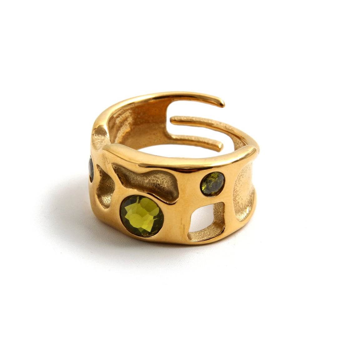 Anillo acero baño oro olivina rígido