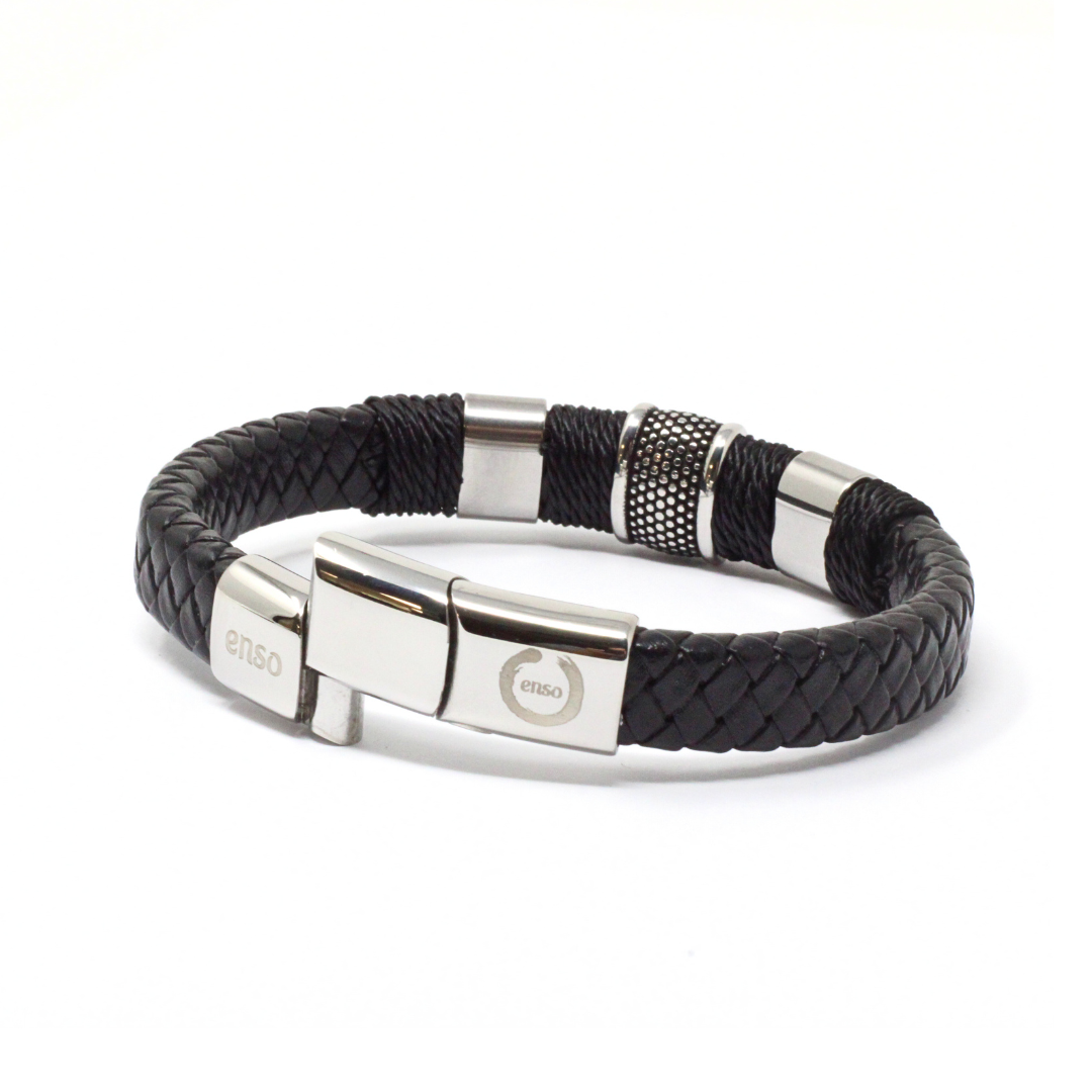 Double black leather and 316l steel bracelet