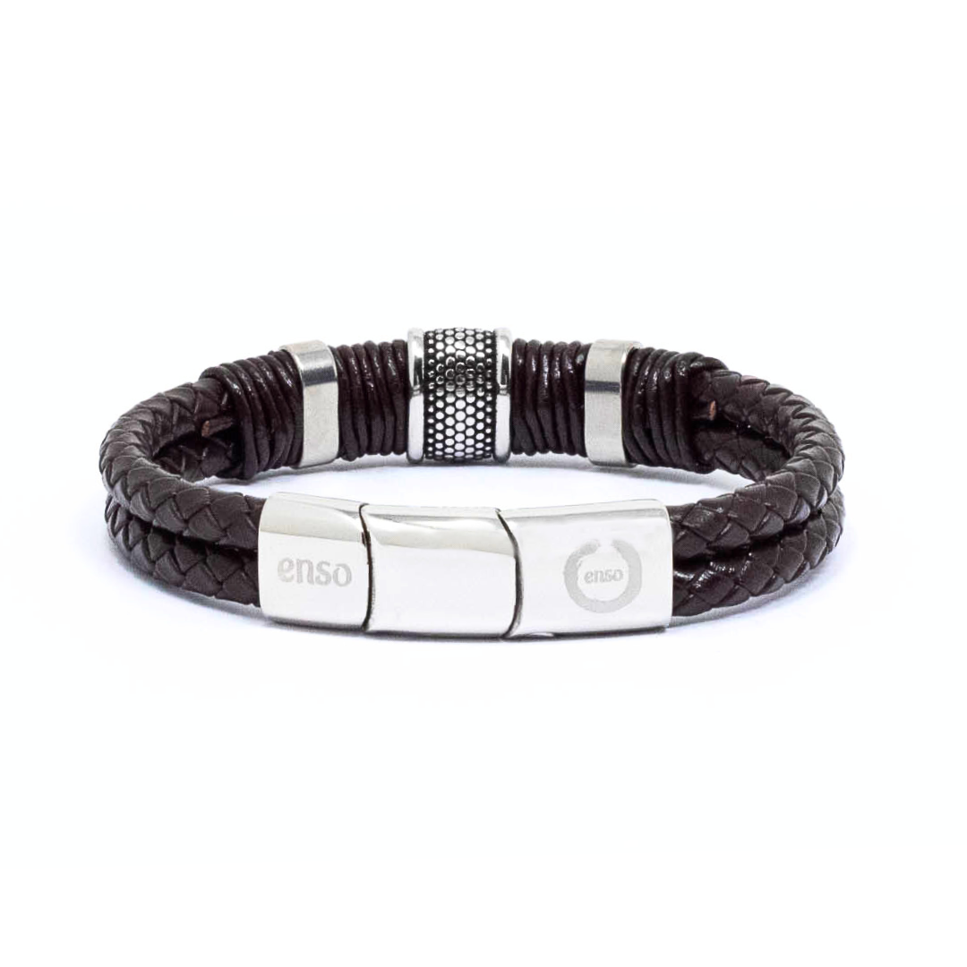 Brazalete cuero marron doble  acero 316l