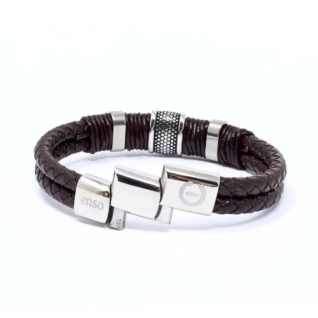 Brown leather bracelet double 316l steel