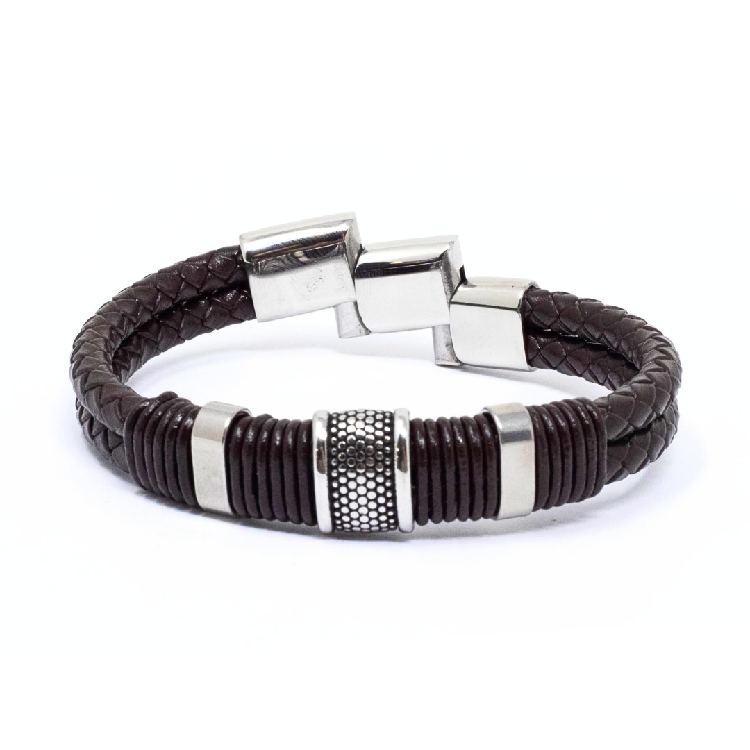 Brazalete cuero marron doble  acero 316l