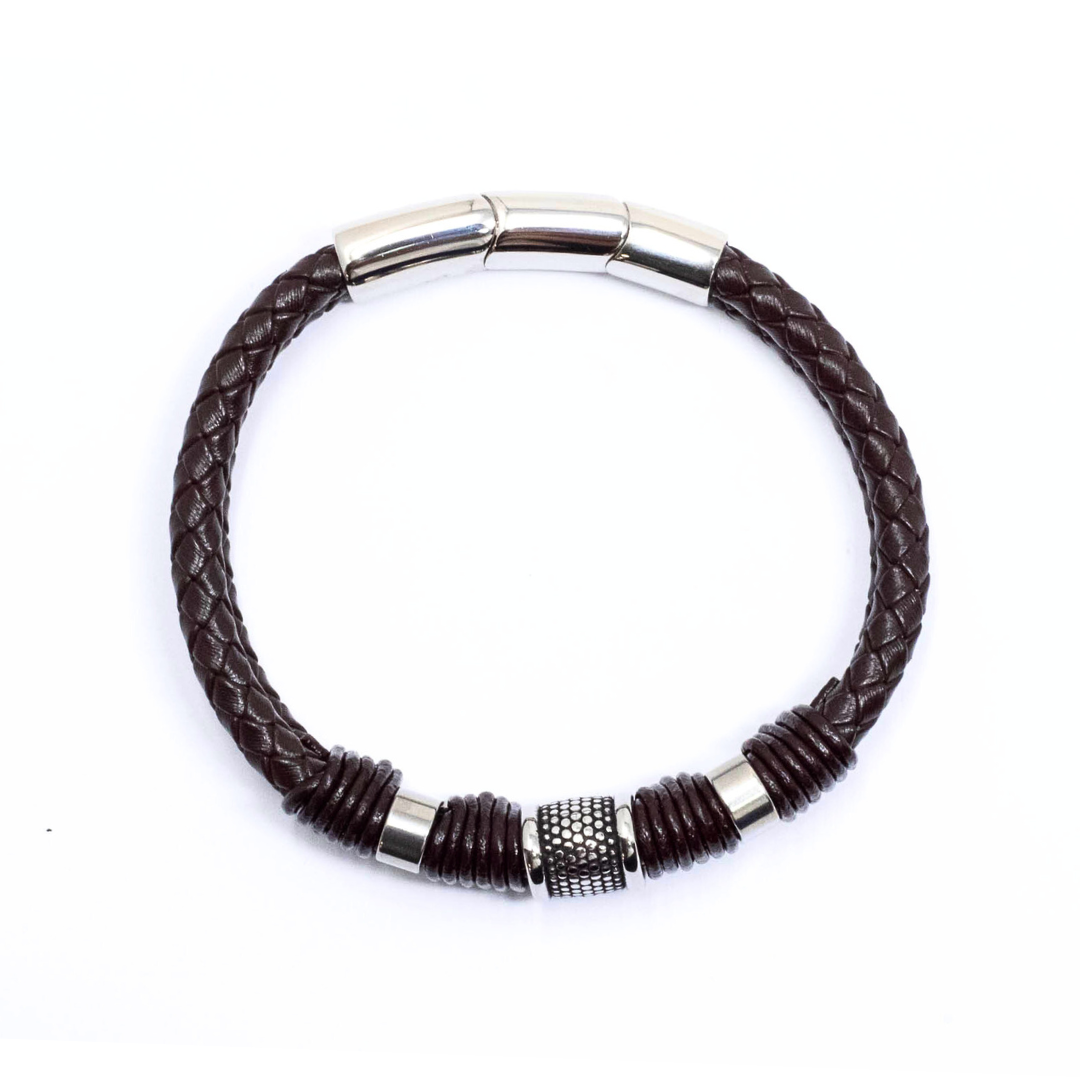 Brazalete cuero marron doble  acero 316l