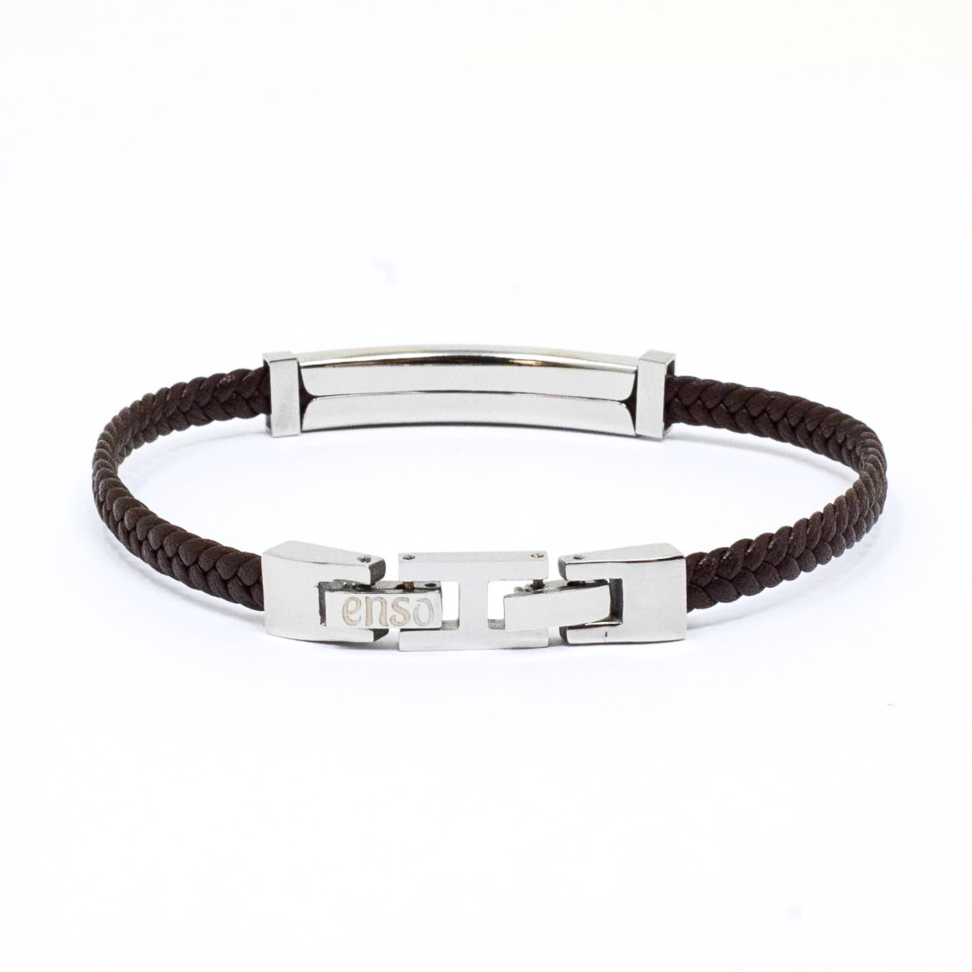 Black leather double 316l steel bracelet