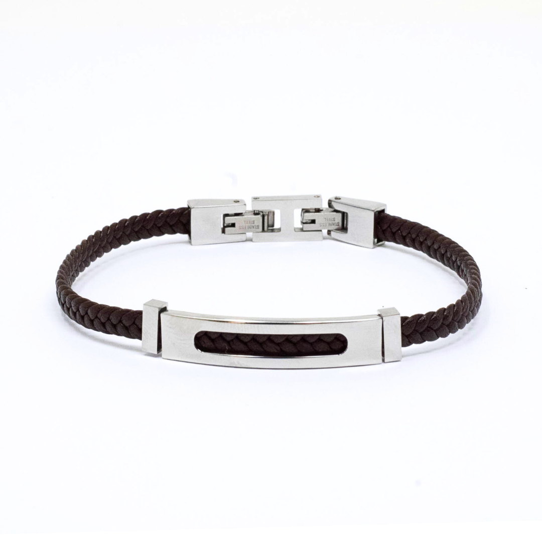 Black leather double 316l steel bracelet