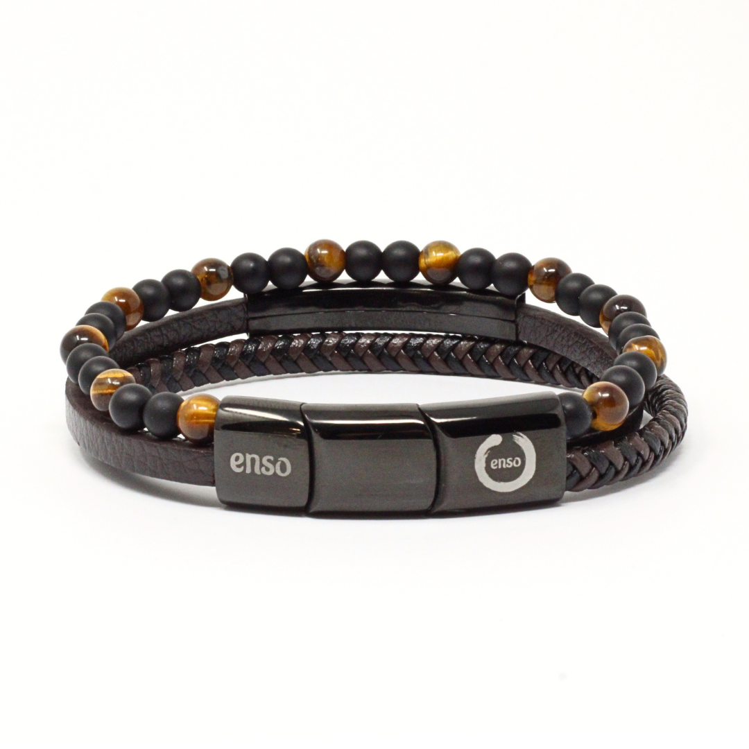 Triple lava and brown leather bracelet