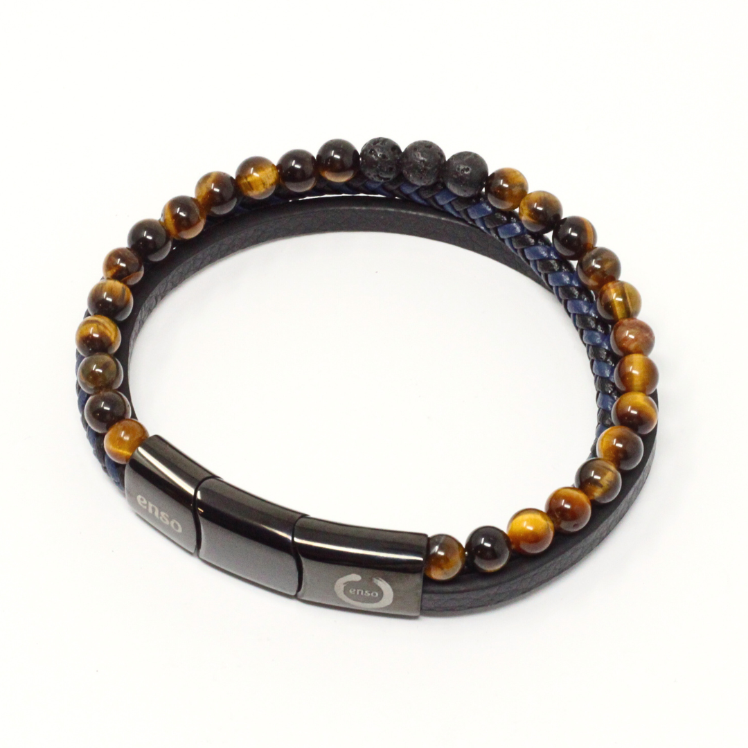 Lava and blue tiger eye triple bracelet