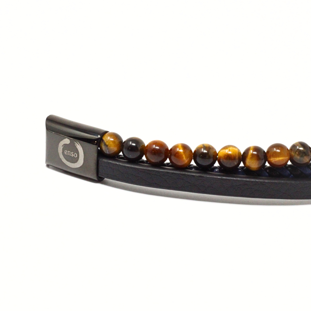 Lava and blue tiger eye triple bracelet