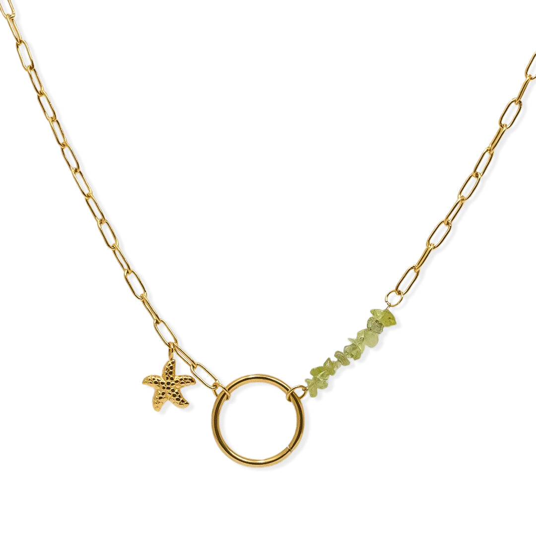 Gold plated steel pendant with olivine circle