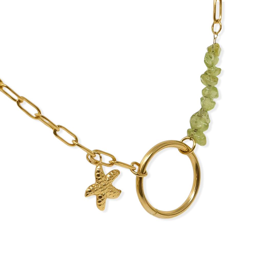 Gold plated steel pendant with olivine circle