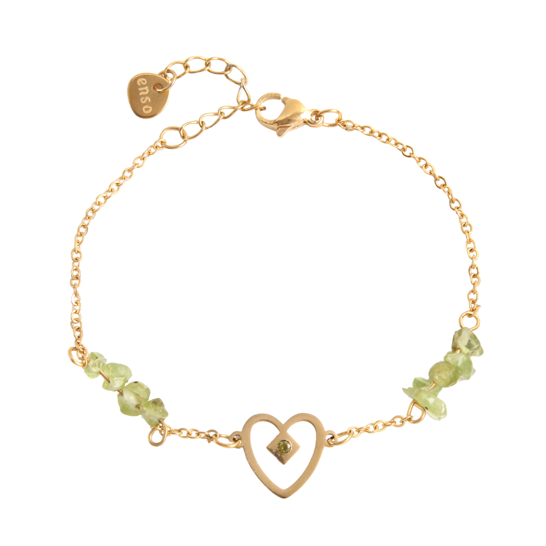 Gold plated steel olivine heart bracelet