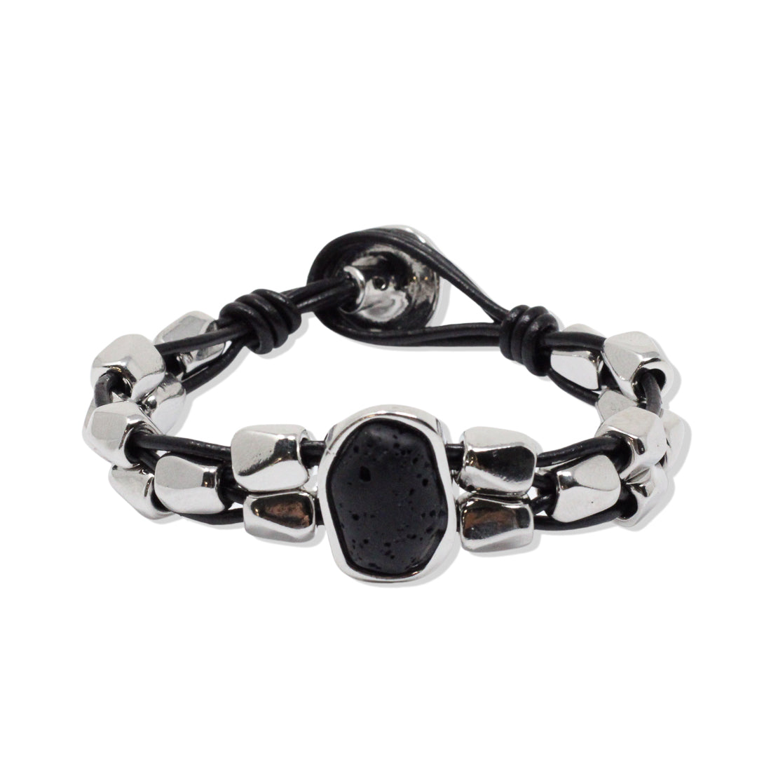 Silver plated lava leather bracelet