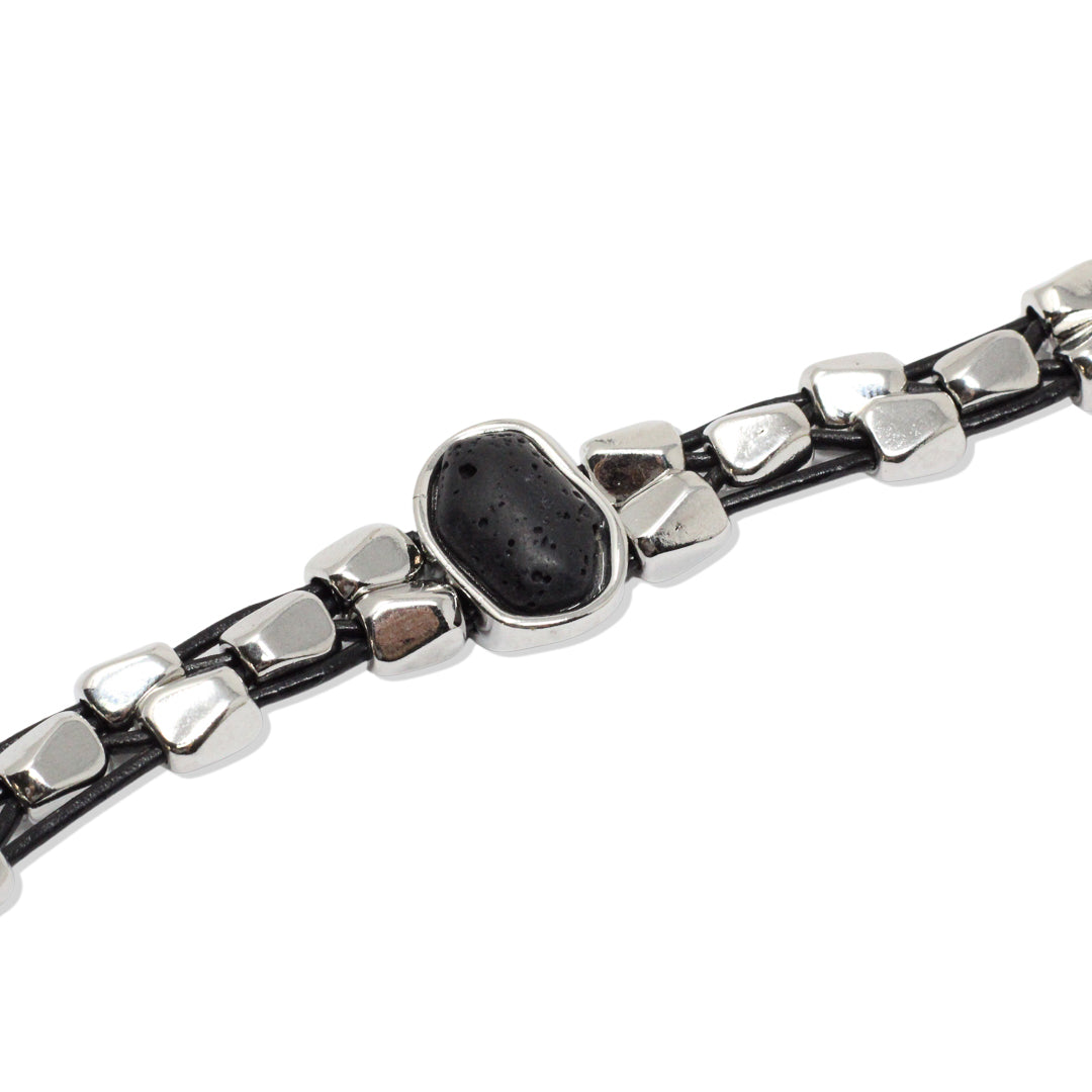 Silver plated lava leather bracelet