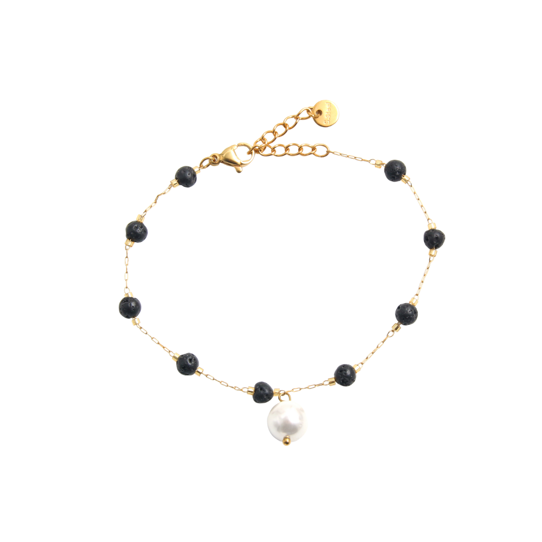 Pulsera baño oro lava y perla