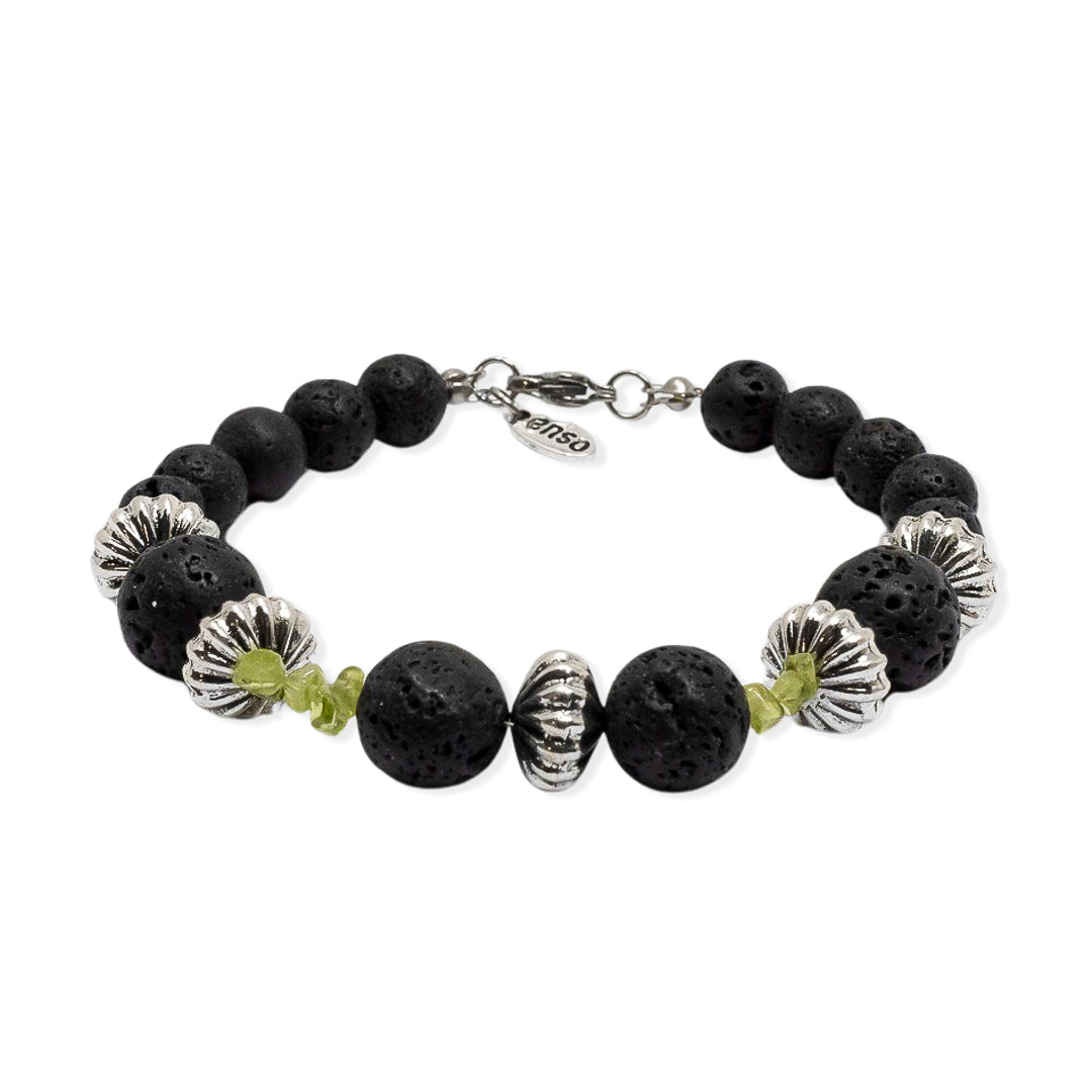 Round lava bracelet, silver and peridot cylinders