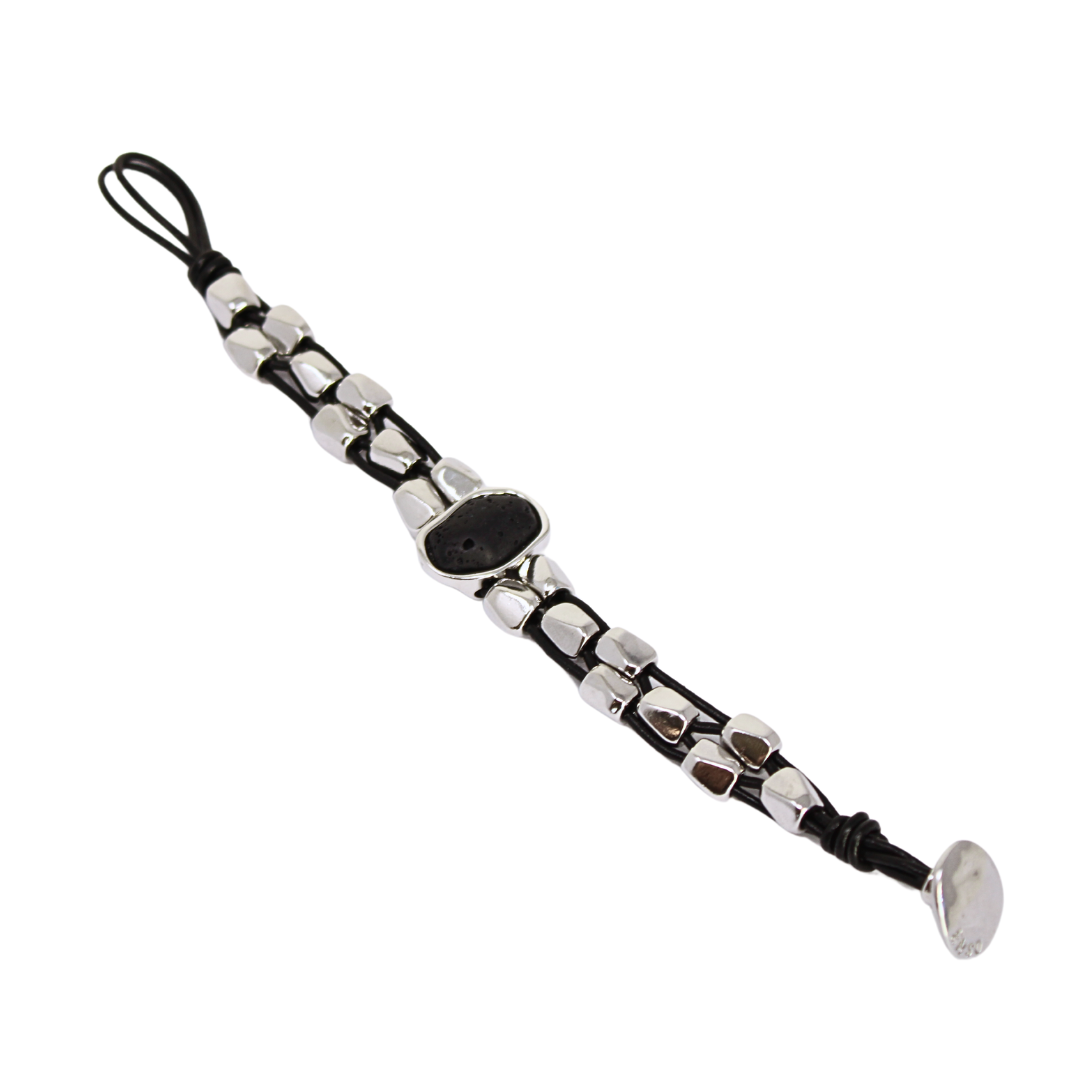 Silver plated lava leather bracelet