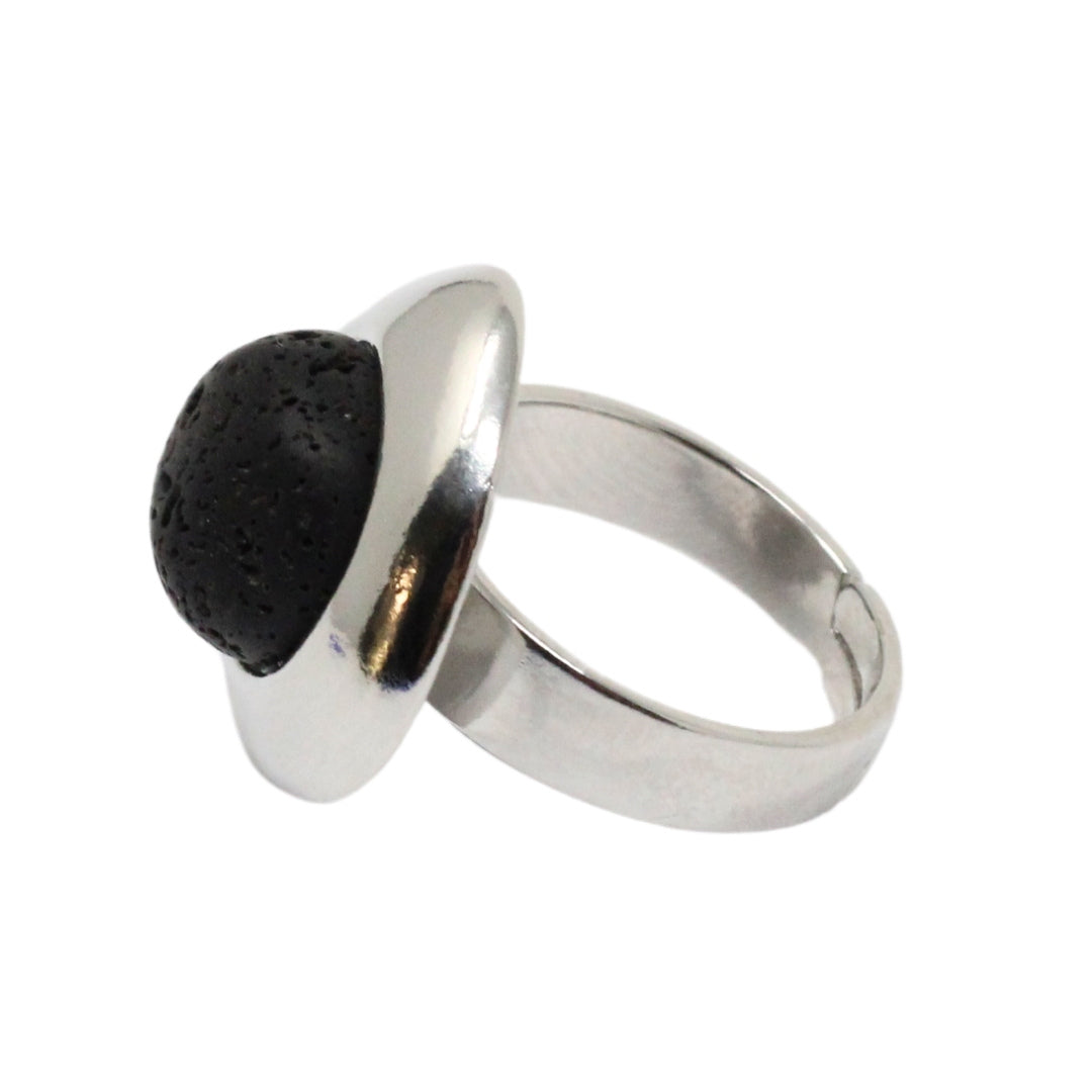 Silver plated ring adaptable flat black lava