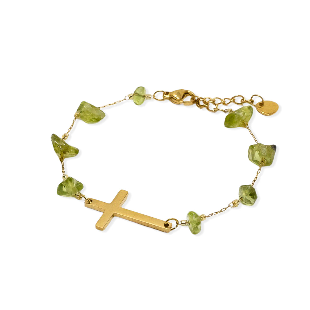 Pulsera acero baño oro cruz olivina